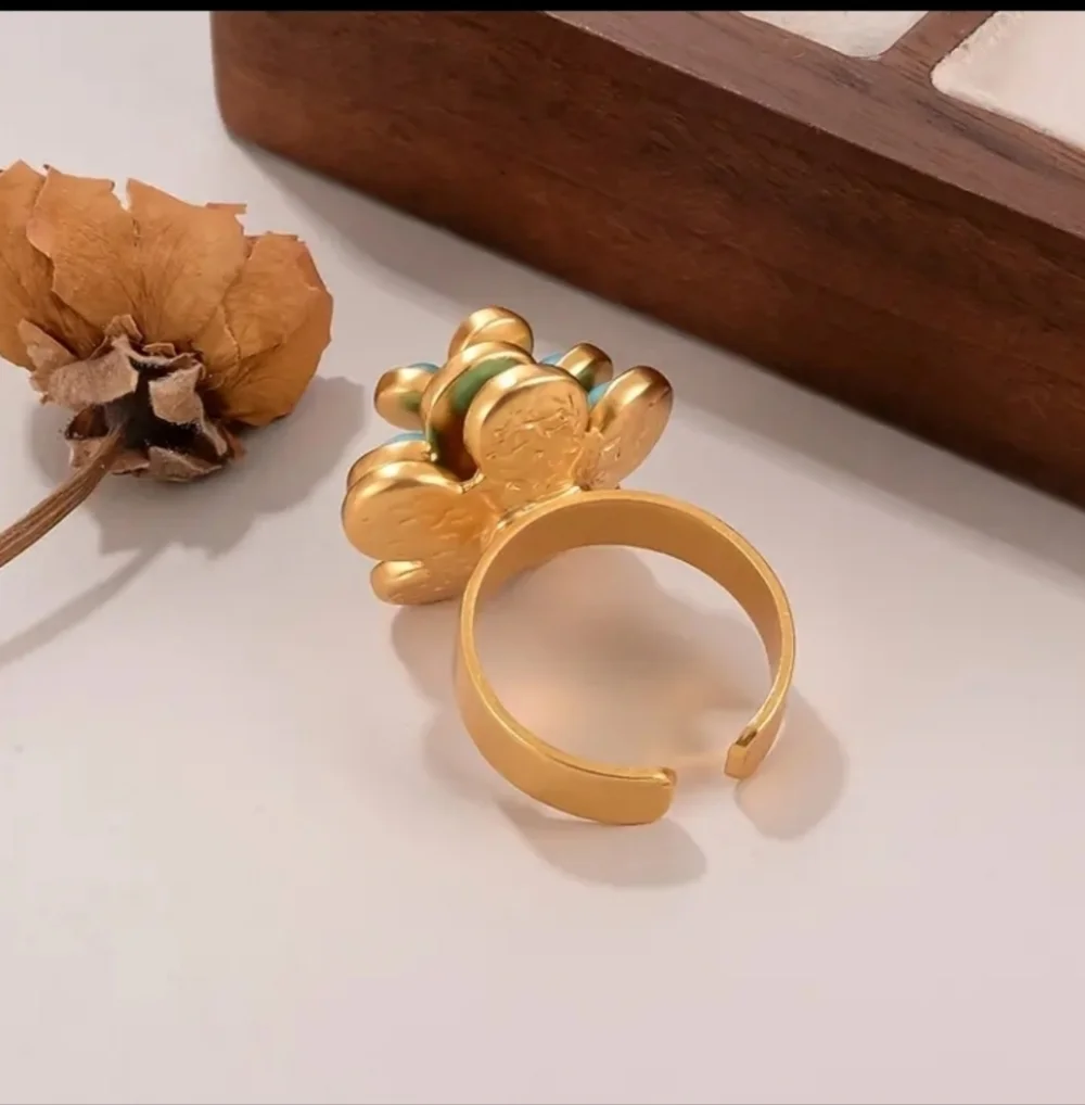 Elegant 18k Gold Plated and Turquoise Flower Cluster Adjustable Ring